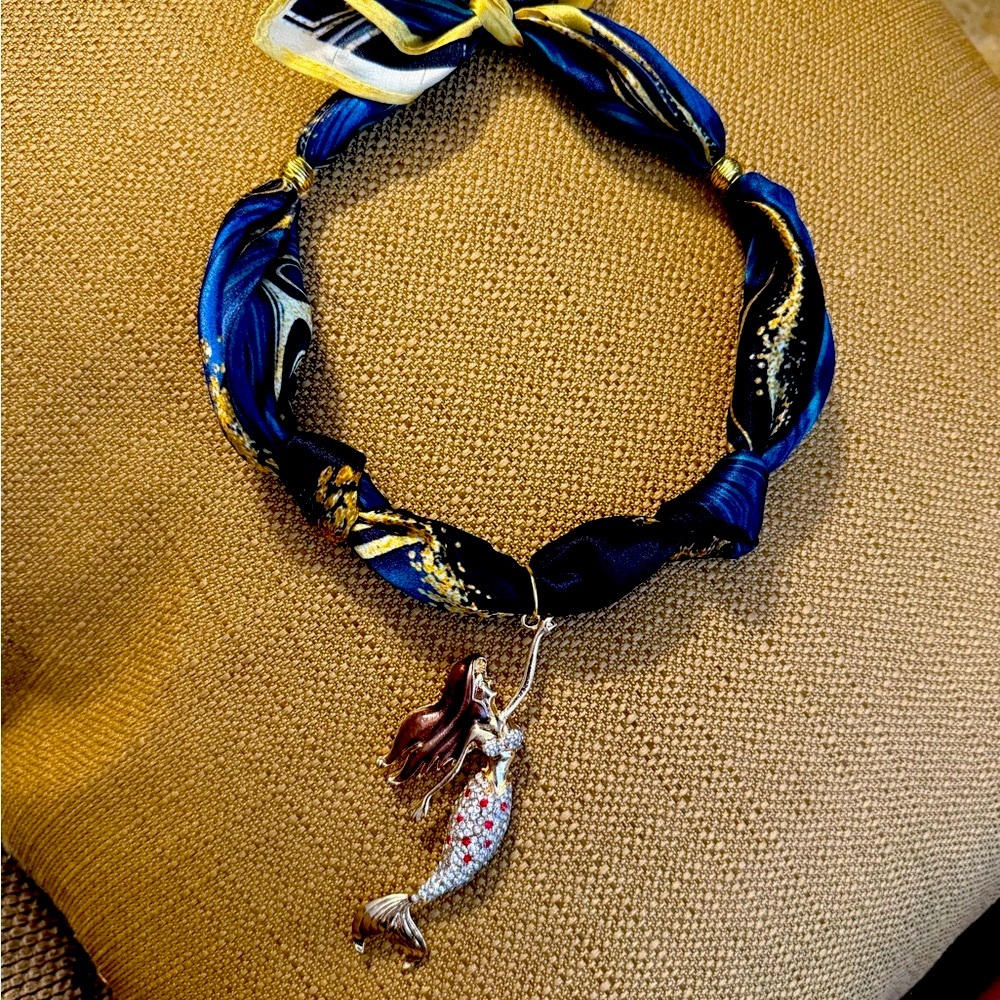 Elegant Blue and Gold Scarf Necklace with Mermaid Pendant (not vintage)